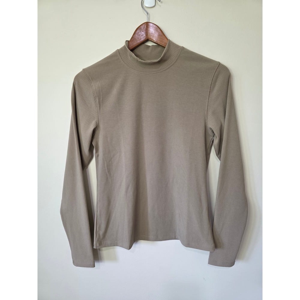 BYLT Premium Basics Rib Mockneck Top Womens L Fawn Tan Ribbed Stretch Minimalist